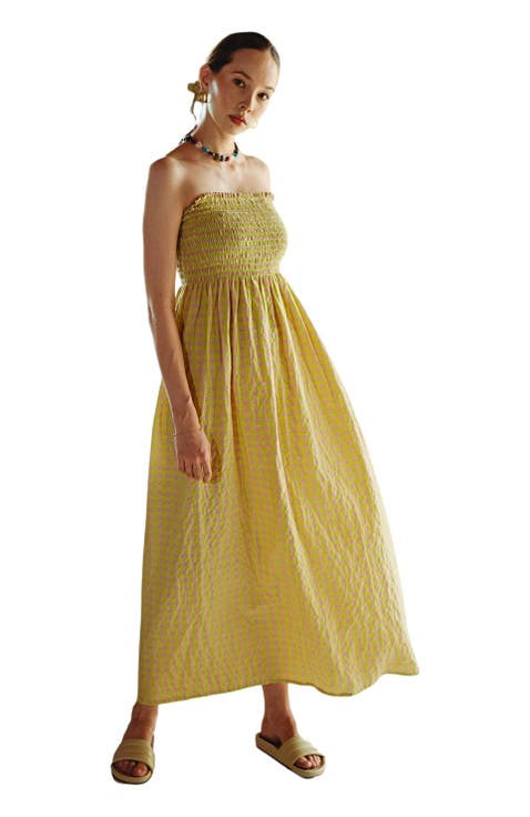 Ava Strapless Crinkle Gingham Dress in Lemonade