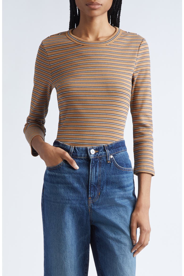 Pruitt Stripe Three Quarter Sleeve Cotton T-Shirt, Main, color, BROWN MULTI