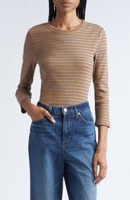Veronica Beard Pruitt Stripe Three Quarter Sleeve Cotton T-Shirt