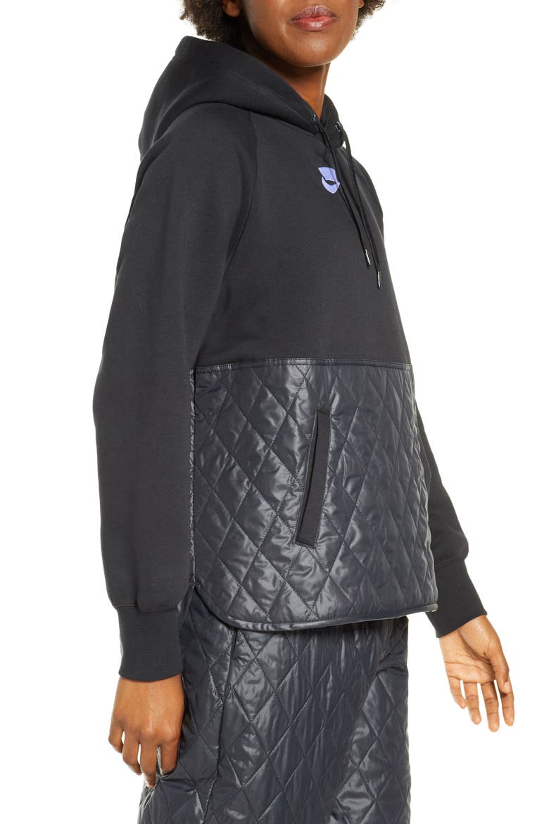 Sportswear Logo Mixed Media Quilted Hoodie, Alternate, color, BLACK/ BLACK/ BLACK/ WHITE