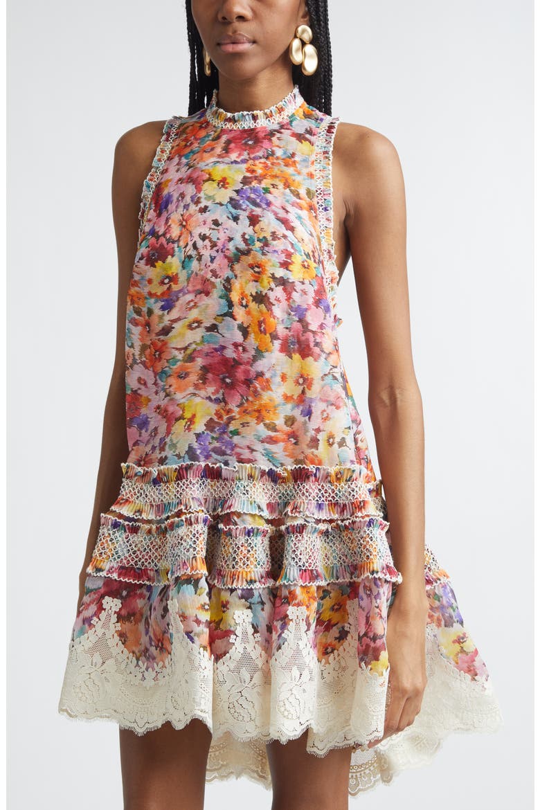 Luna Shirred Silk & Linen Organza Lantern Dress, Alternate, color, MULTI FLORAL