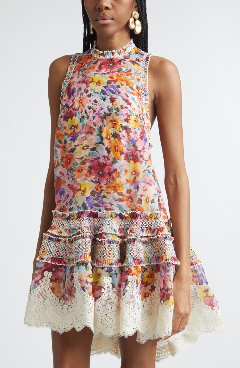 Zimmermann Luna Shirred Silk & Linen Organza Lantern Dress, Alternate, color, Multi Floral