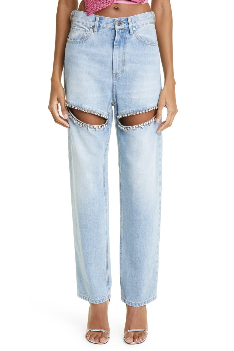 Crystal Slit Cotton Denim Straight Leg Jeans, Main, color, LIGHT BLUE