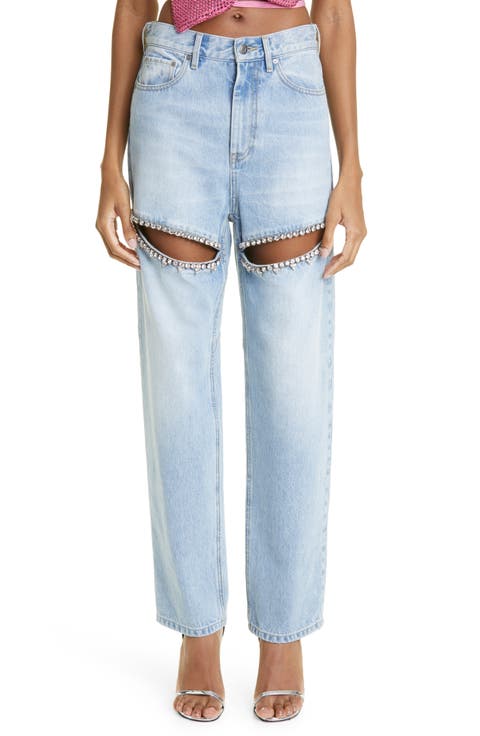 Crystal Slit Cotton Denim Straight Leg Jeans