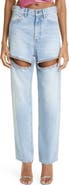 Area Crystal Slit Cotton Denim Straight Leg Jeans