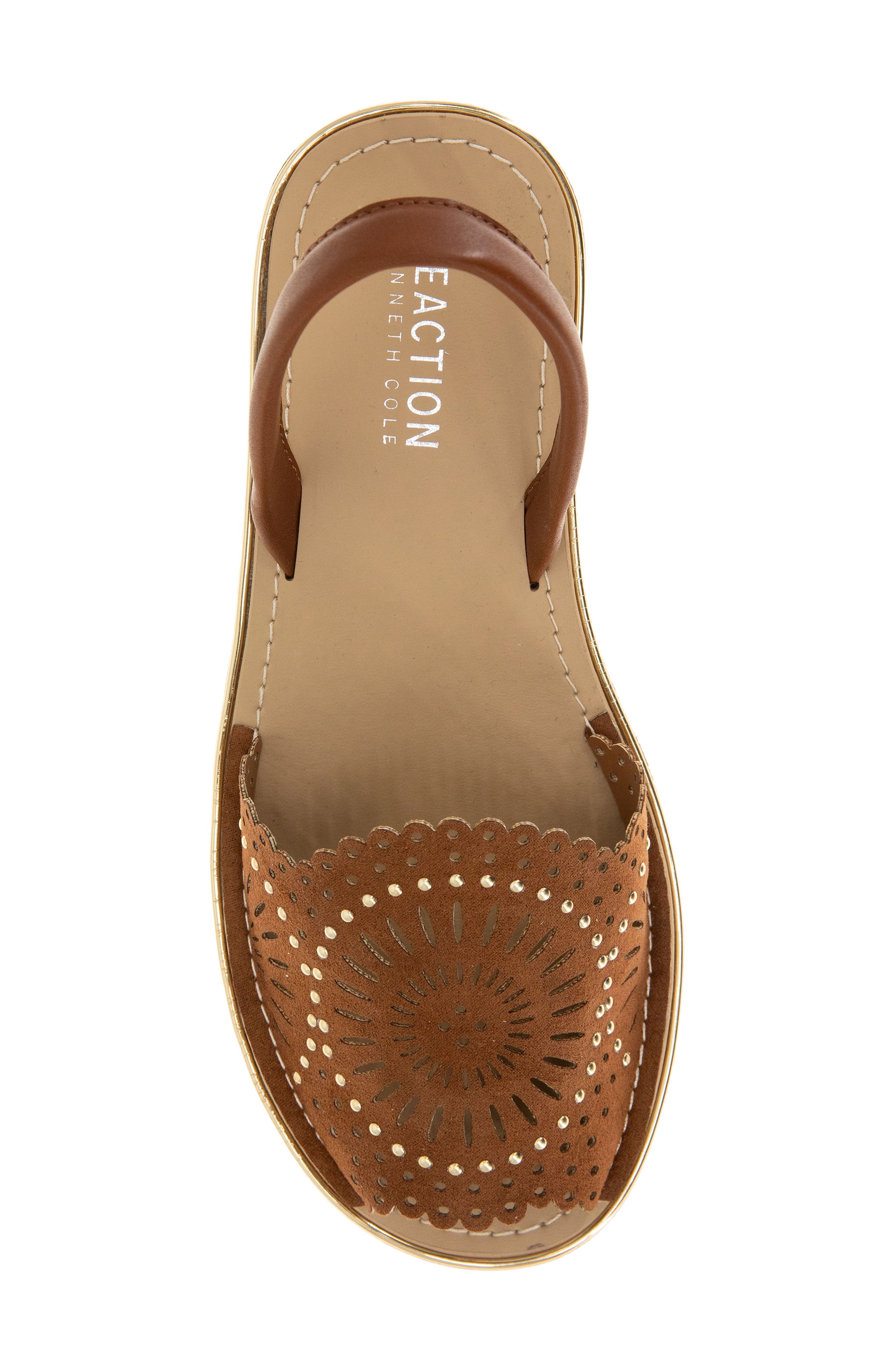 Kenneth Cole Reaction Fine Glass Foil Laser Wedge Sandal, Alternate, color, Luggage Micro