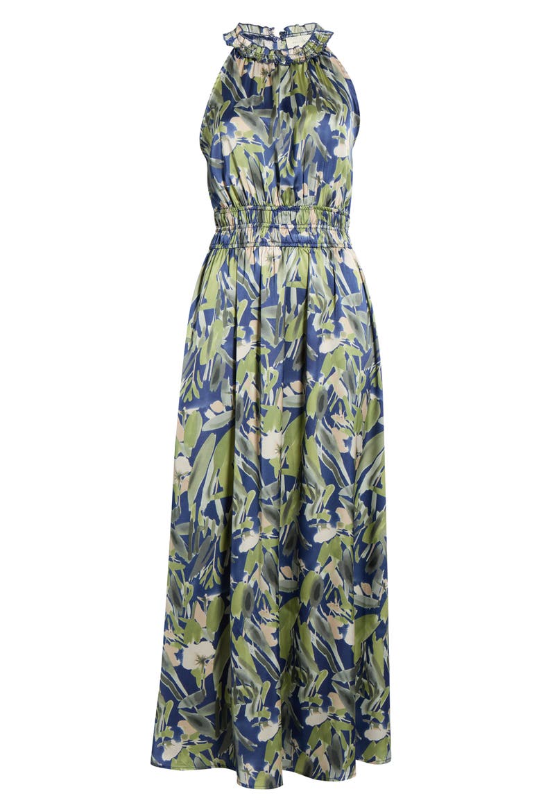 Print Ruffle Sleeveless Maxi Dress, Alternate, color, BLUE GREEN LEAF