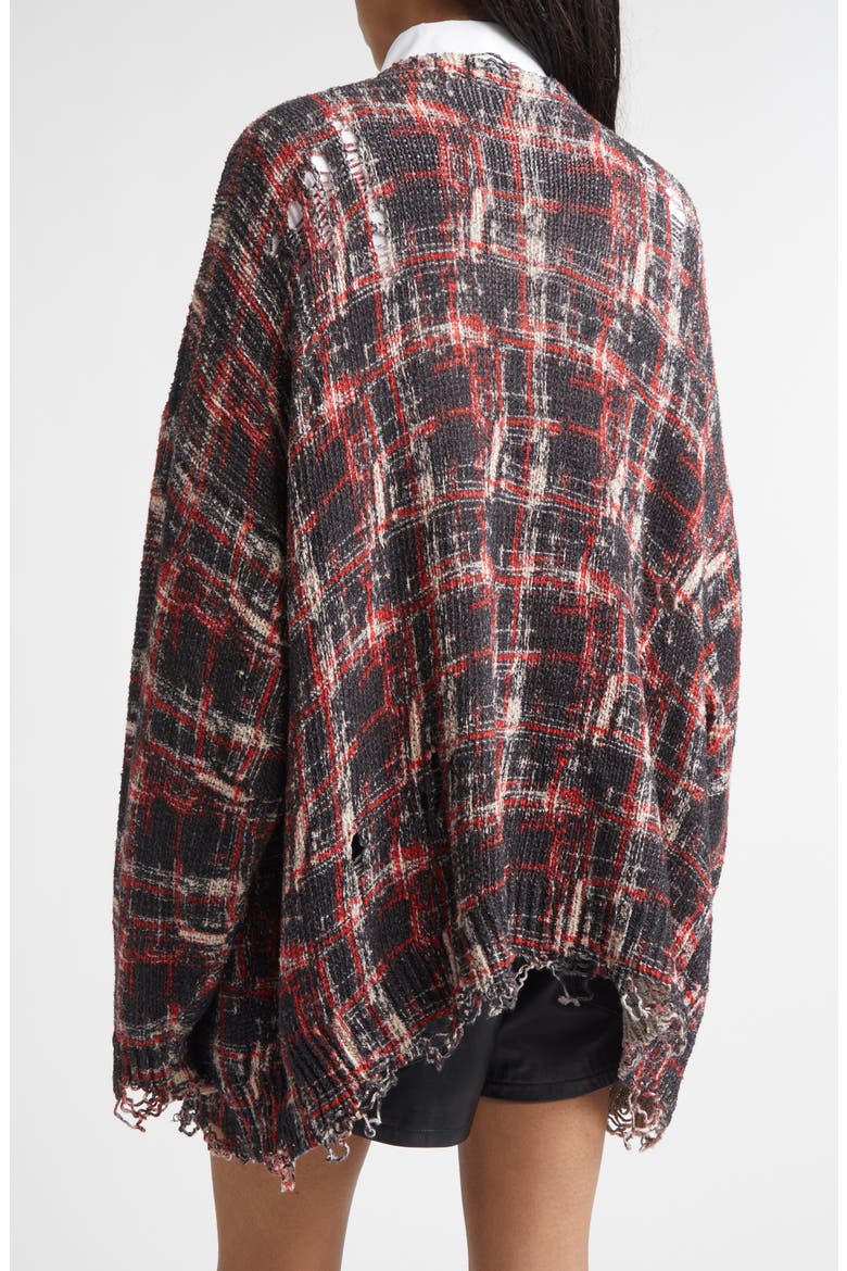Oversize Distressed Plaid Linen Blend Cardigan, Alternate, color, BLACK/ RED/ WHITE PLAID