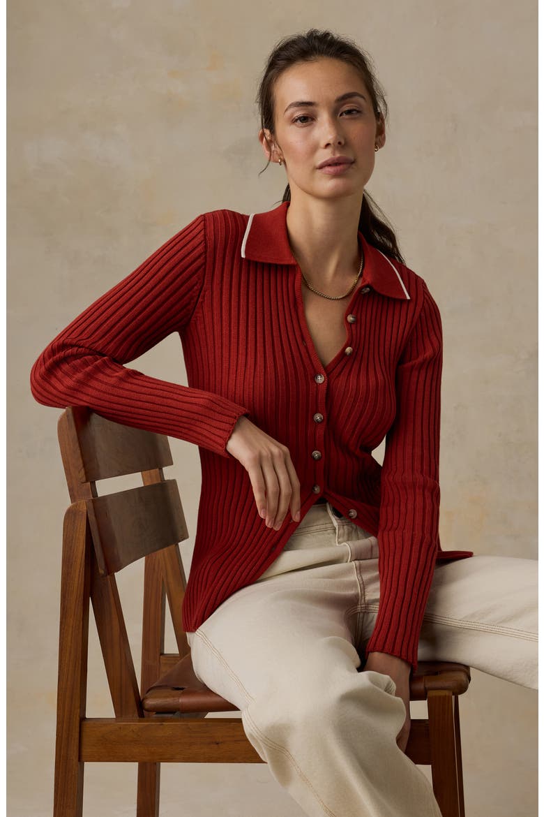 Sunwashed Organic Cotton Ribbed Cardigan, Alternate, color, RED OCHRE