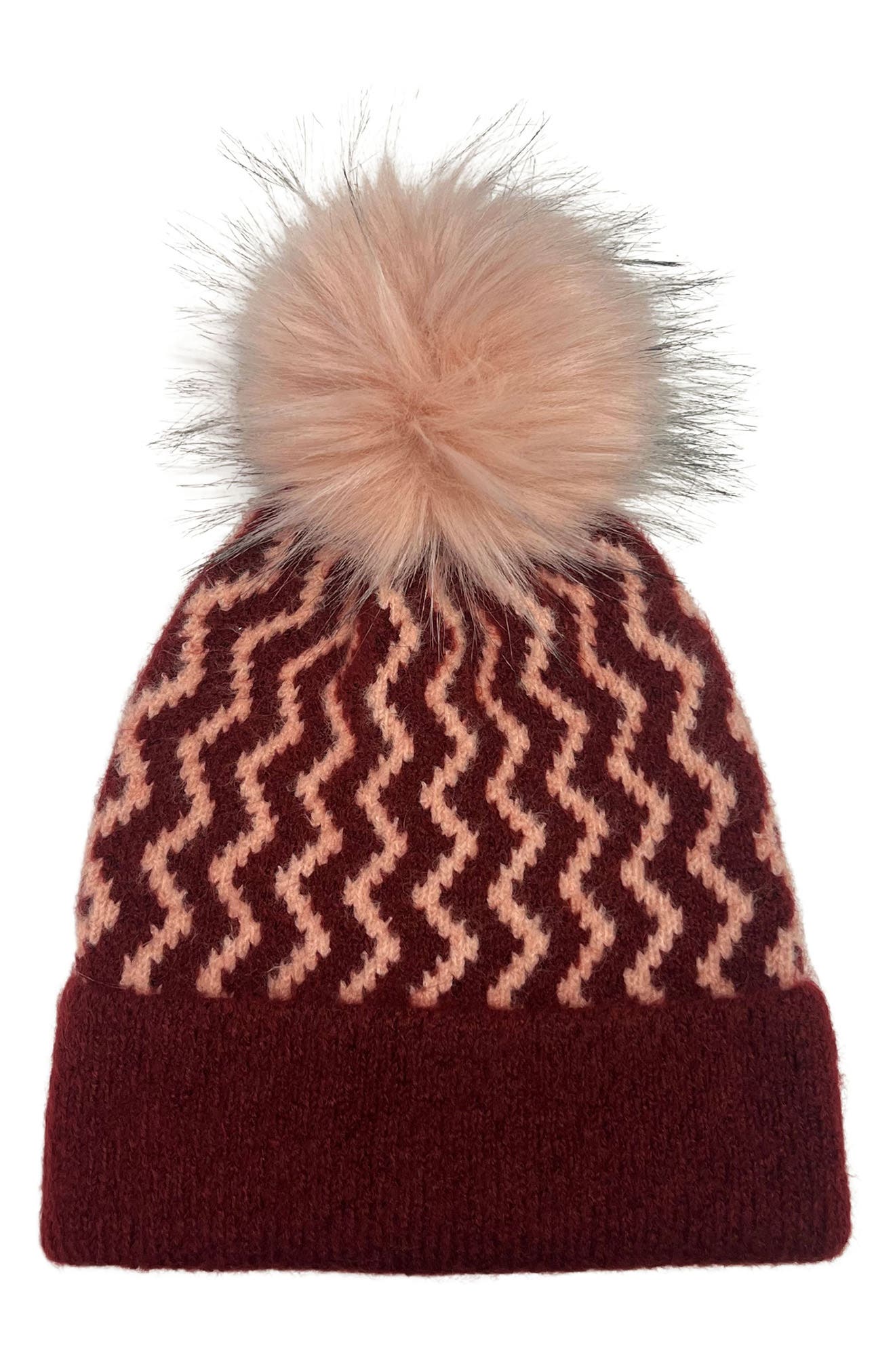 MARCUS ADLER Zig Zag Faux Fur Pompom Beanie
