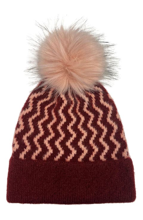 Zig Zag Faux Fur Pompom Beanie