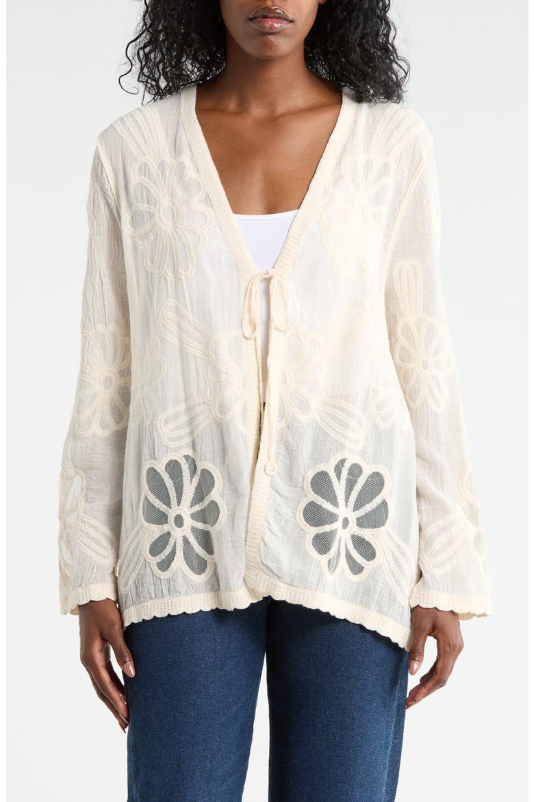 Floral Embroidered Tie Front Cardigan, Main, color, NATURAL