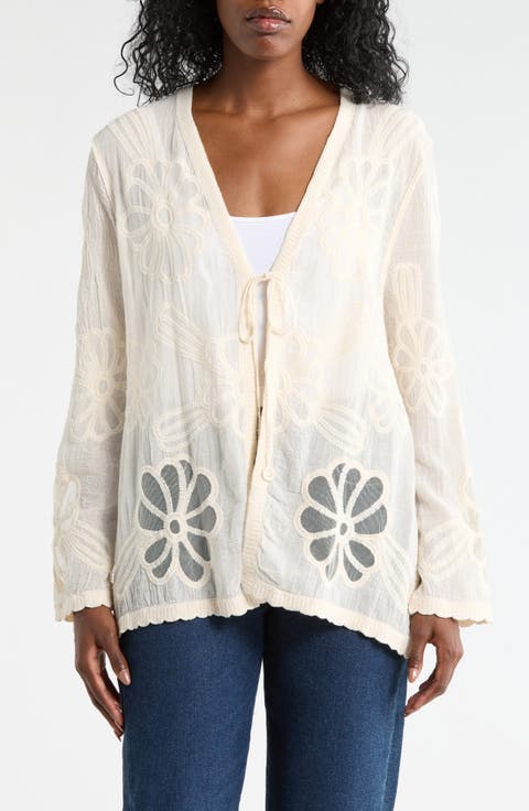 Floral Embroidered Tie Front Cardigan