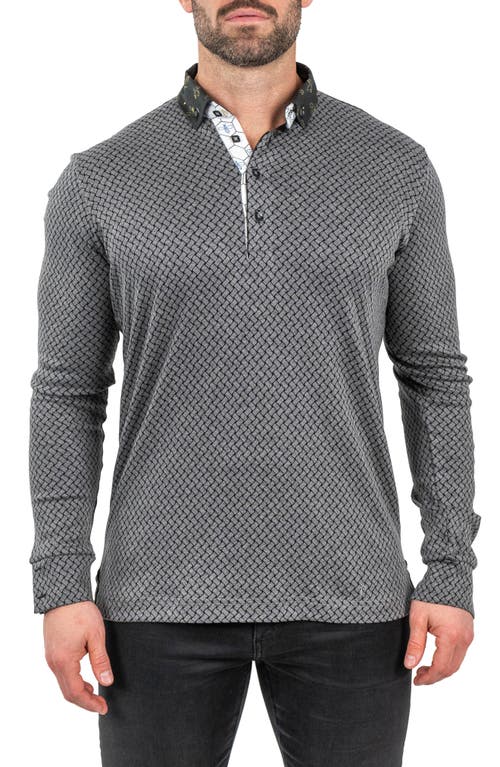 Maceoo Newton Weave Print Long Sleeve Polo in Grey 