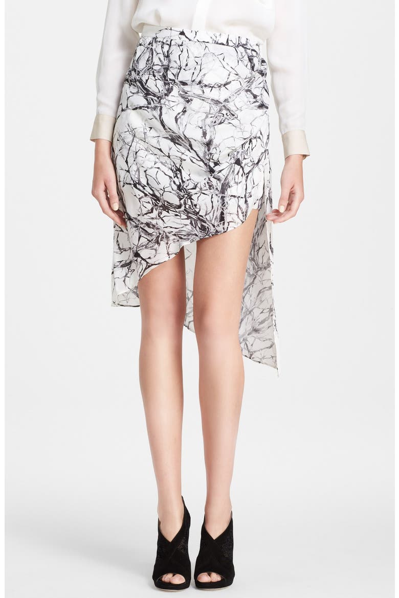 Print Asymmetrical Silk Skirt, Main, color, SWAN/ BLACK