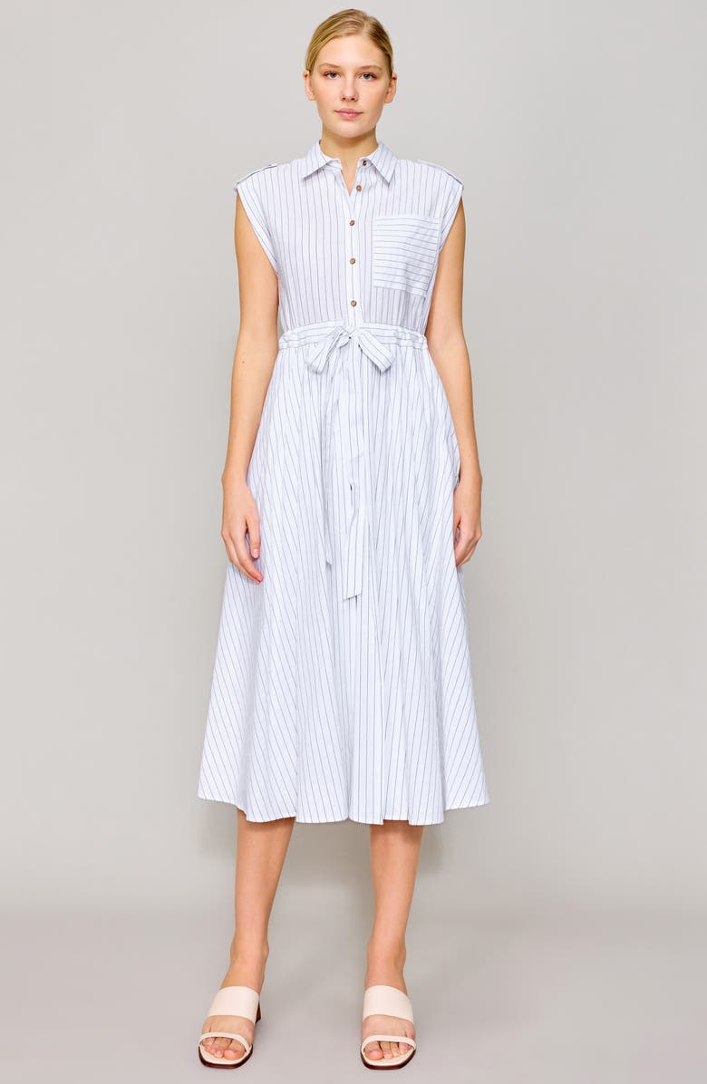 MELLODAY Tie Waist Poplin Midi Shirtdress, Alternate, color, Ivory/ Black Stripe