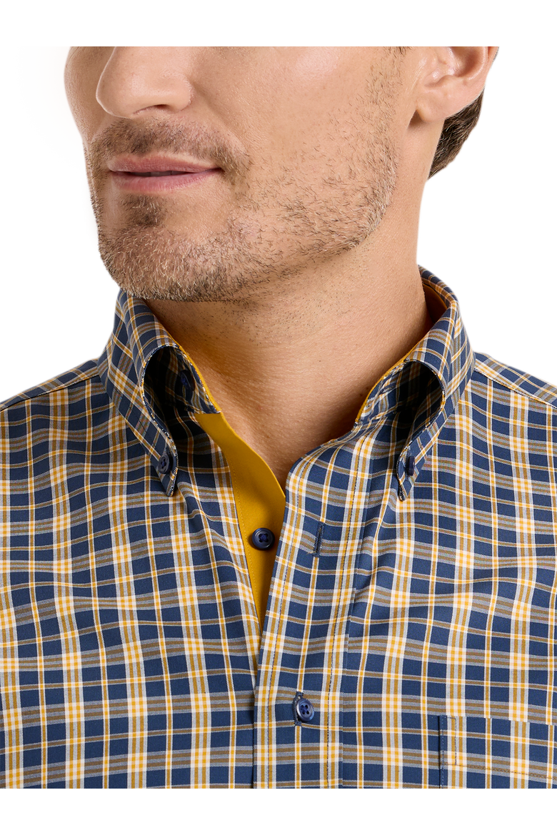 Cotton Spandex Buttondown Collar Pinpoint Tailored Contrast Trim Button Cuff Long Sleeve Shirt, Alternate, color, Navy/Gold