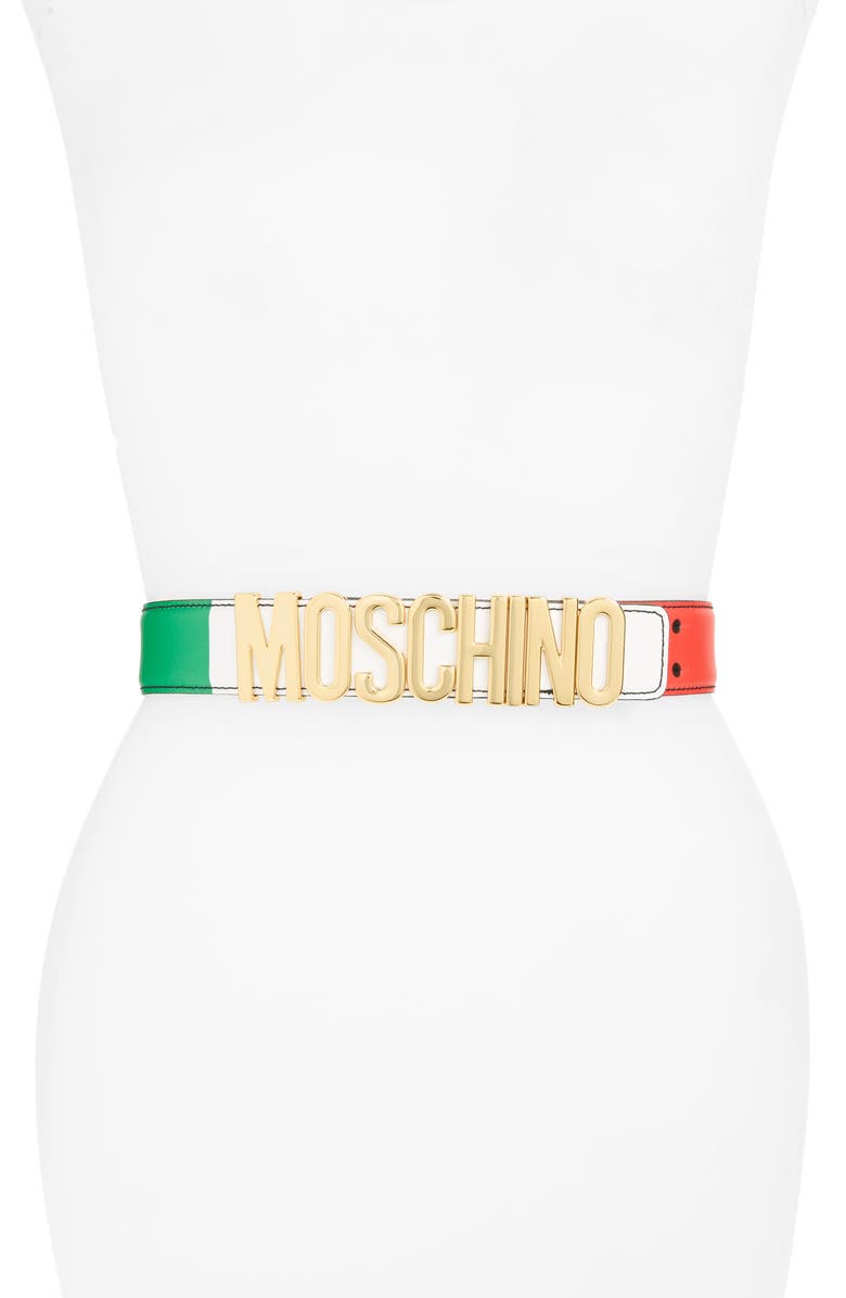 Moschino Logo Buckle Italian Flag Leather Belt, Main, color,