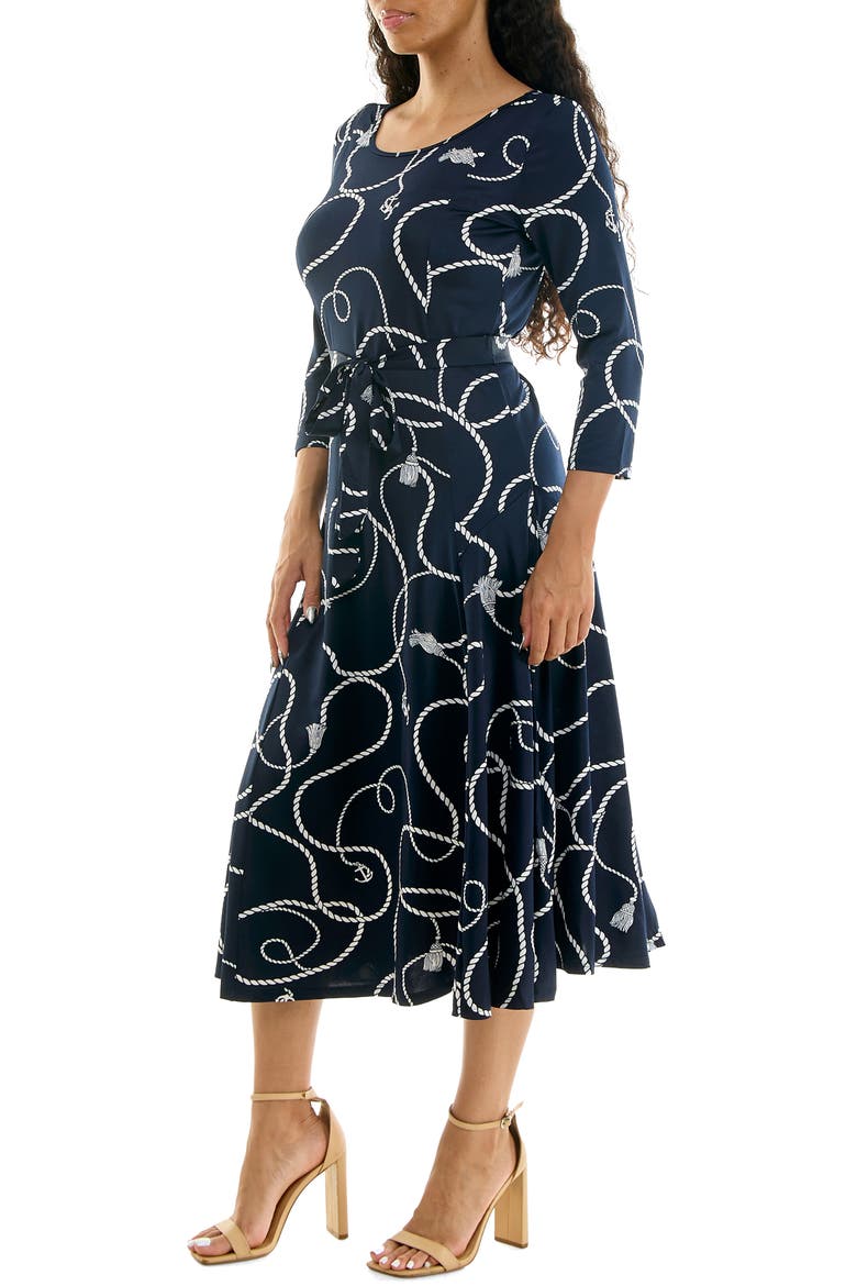 Crewneck Three-Quarter Sleeve Midi Dress, Alternate, color, NAVY WHITE