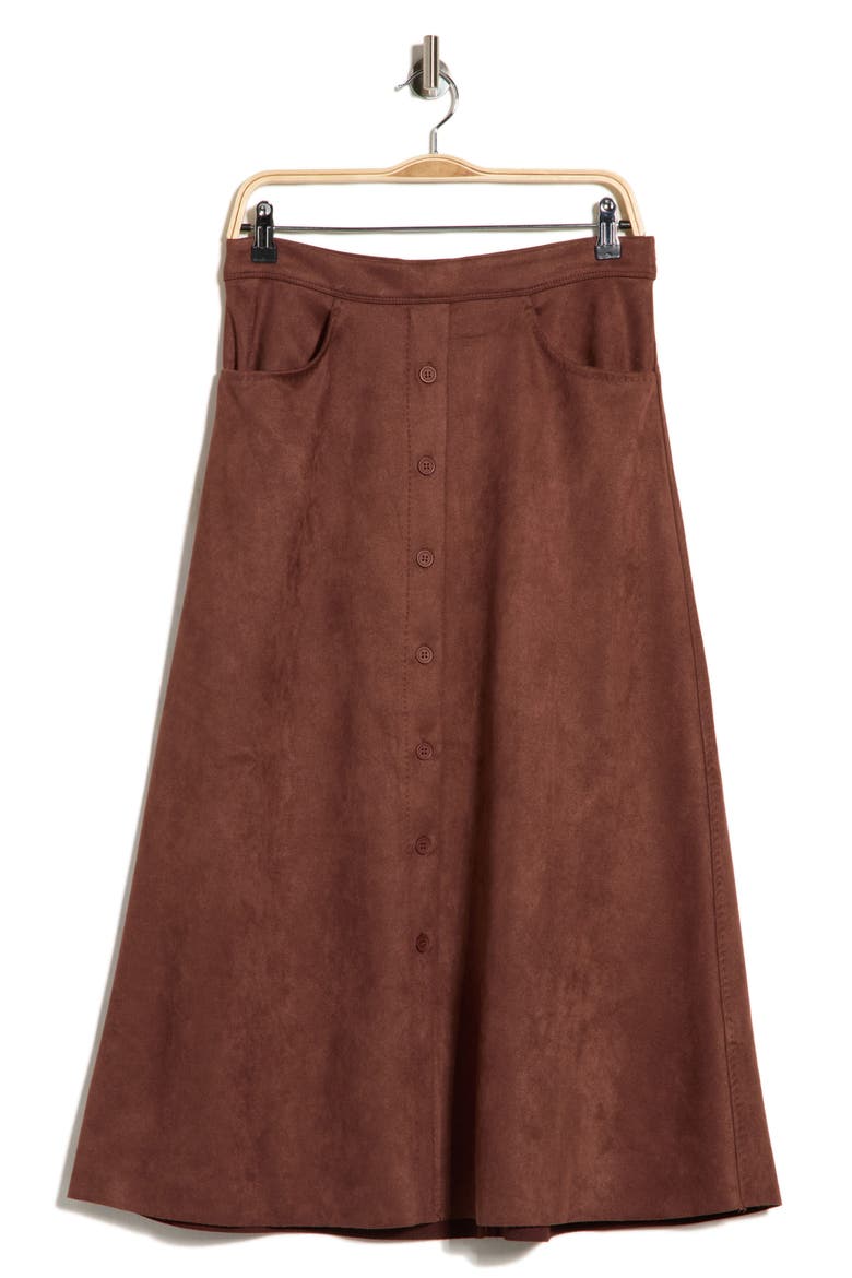 Button Front Faux Suede Maxi Skirt, Alternate, color, AUBURN