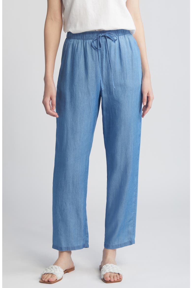 Elastic Waist Crop Taper Chambray Pants, Main, color, MEDIUM LIGHT WASH