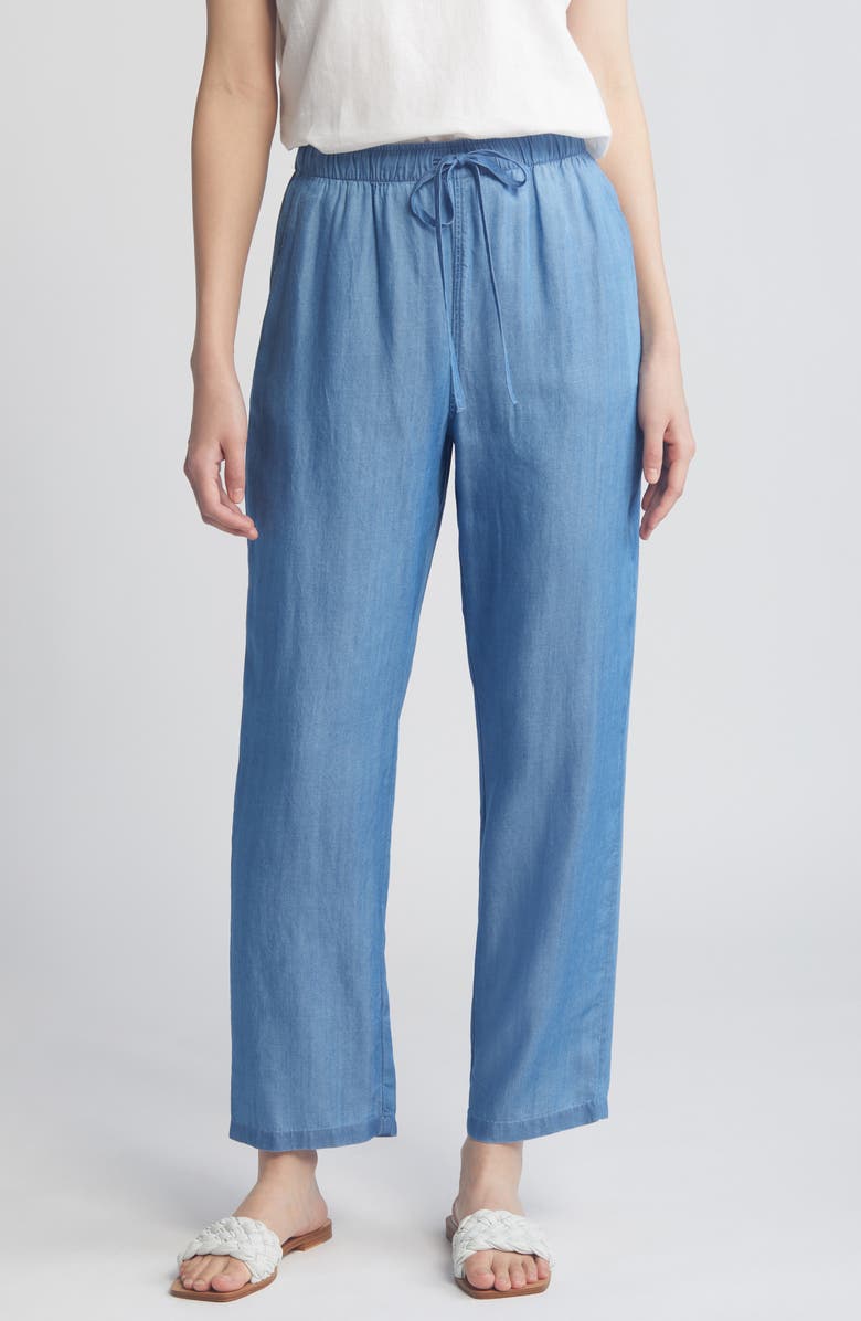 Caslon<sup>®</sup> Elastic Waist Crop Taper Chambray Pants, Main, color, 