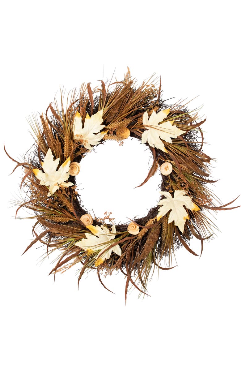 Northlight Cattail and Wheat Twig Artificial Fall Harvest Wreath - 24", Main, color, Beige