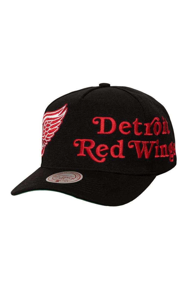 Men's Mitchell & Ness  Black Detroit Red Wings Busted Logo Wordmark Wrap-Around Pro Pinch Adjustable Hat, Main, color, Black