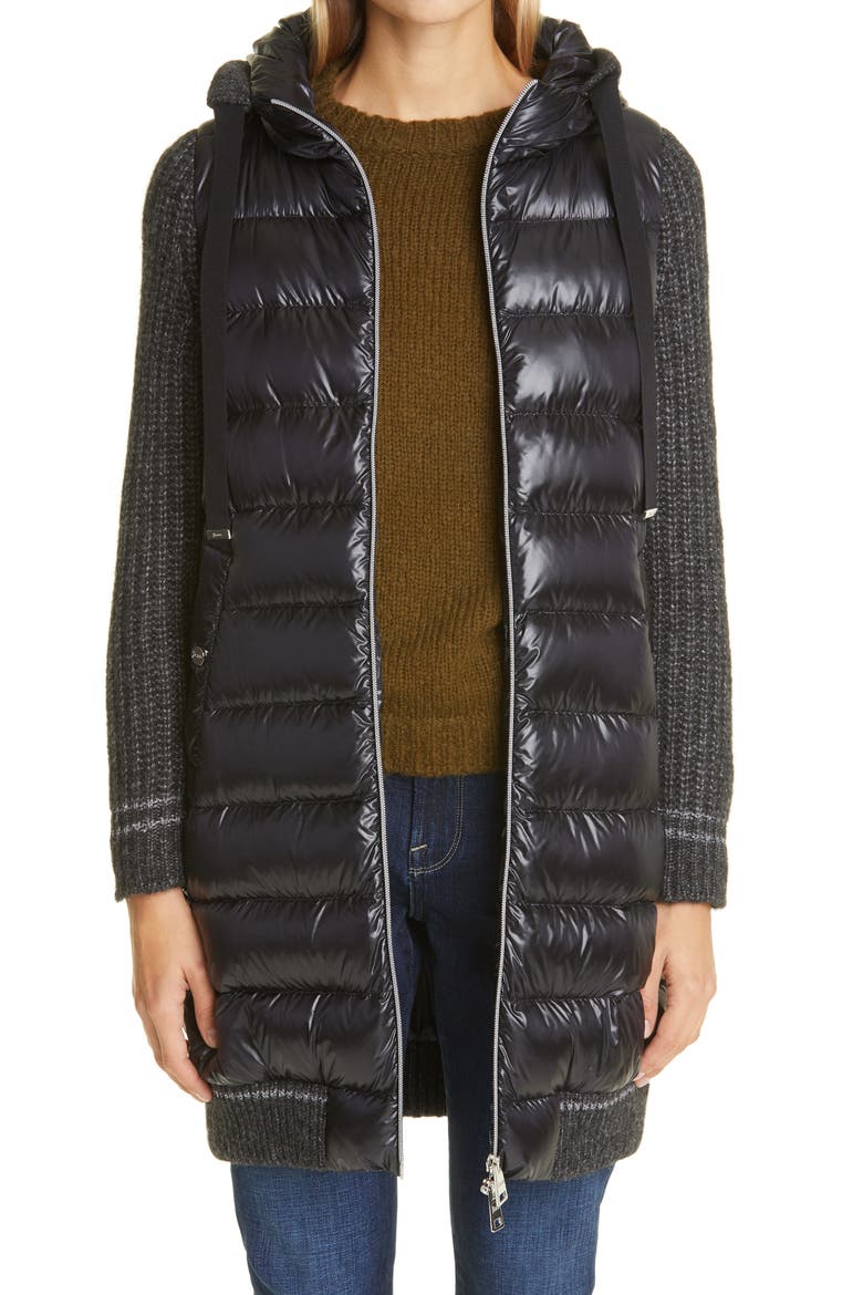 Sweater Sleeve Hooded Down Puffer Coat, Main, color, BLACK