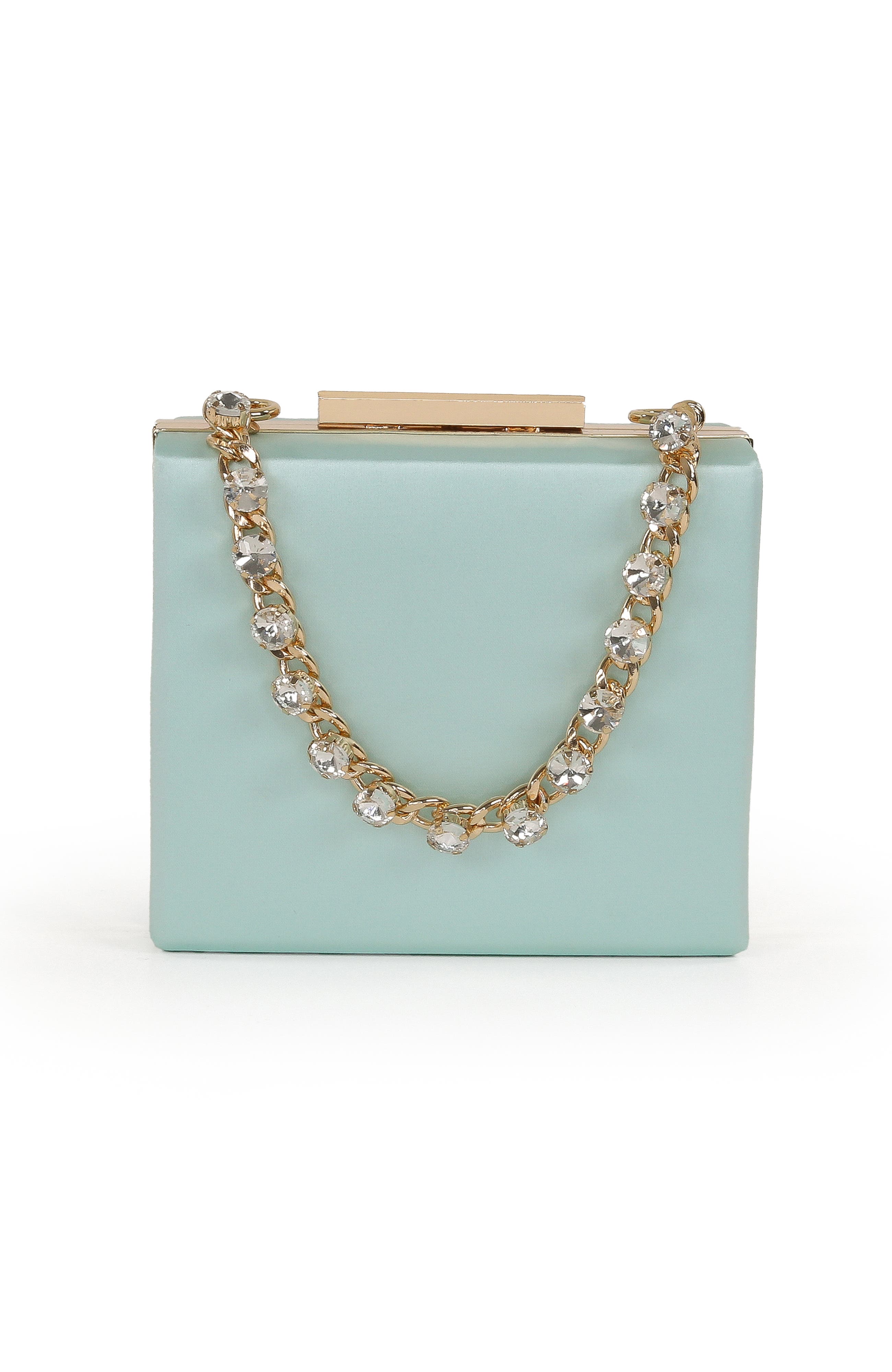 Jewel Badgley Mischka Billie Mini Box Clutch with Rhinestone Chain, Main, color, Light Mint Green