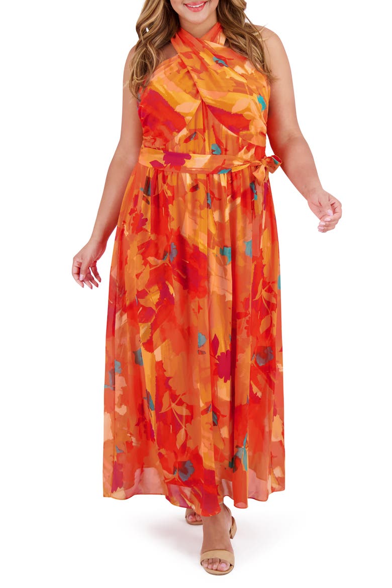 Halter Neck Sleeveless Chiffon Maxi Dress, Main, color, ORANGE/ RED