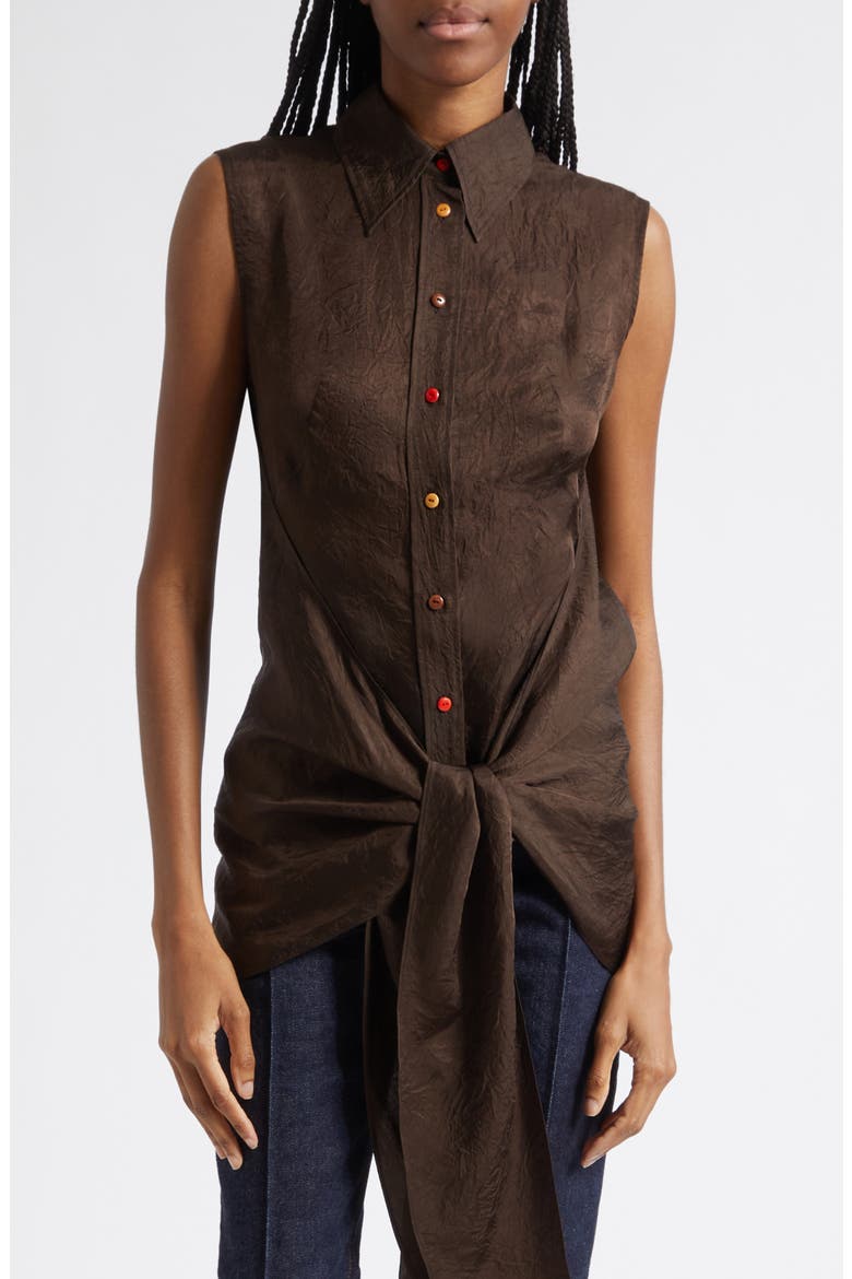 Ranger Sleeveless Tie Front Crinkle Satin Button-Up Shirt, Main, color, CEDAR