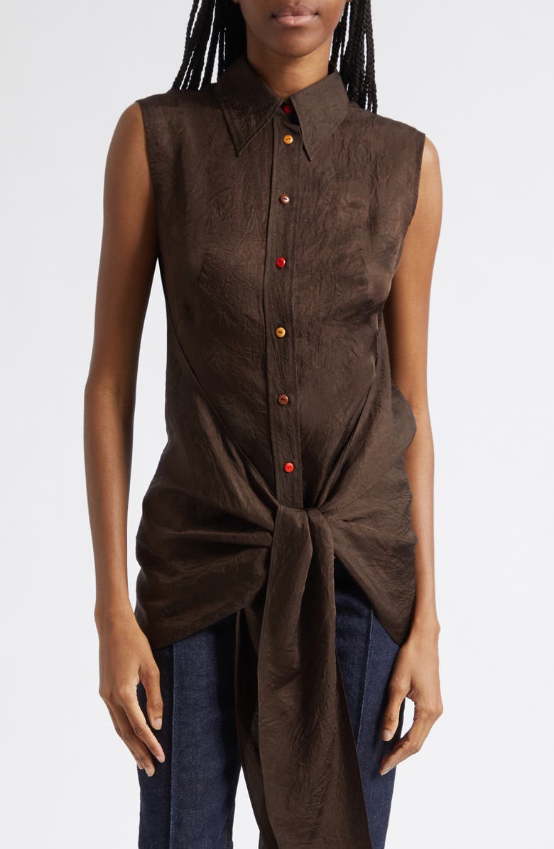 OSSOU Ranger Sleeveless Tie Front Crinkle Satin Button-Up Shirt, Main, color, Cedar