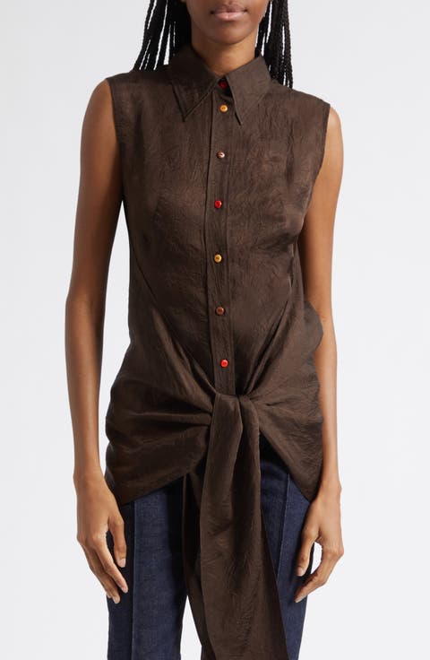 Ranger Sleeveless Tie Front Crinkle Satin Button-Up Shirt