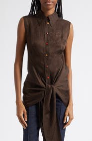 OSSOU Ranger Sleeveless Tie Front Crinkle Satin Button-Up Shirt