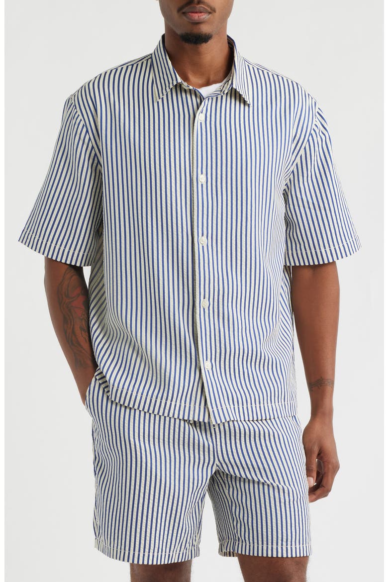 Stripe Short Sleeve Seersucker Button-Up Shirt, Main, color, BLUE HEADER STRIPE