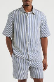 Open Edit Stripe Short Sleeve Seersucker Button-Up Shirt