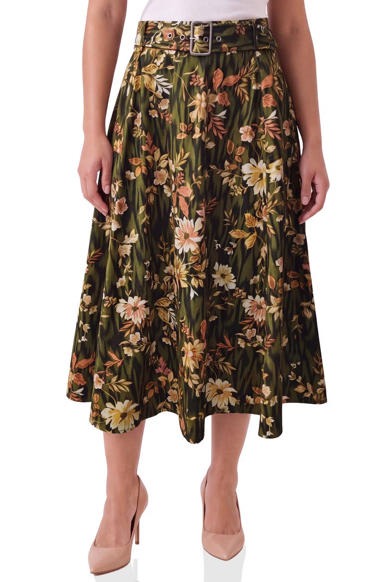 Belted Midi Skirt, Main, color, OLIVE ANIMAL FLORAL