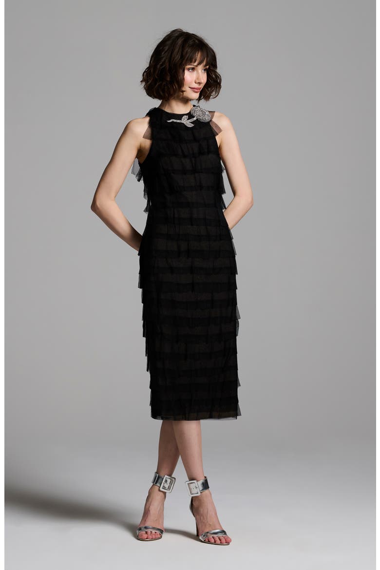 Spanish Tiered Tulle Cocktail Midi Dress, Alternate, color, BLACK