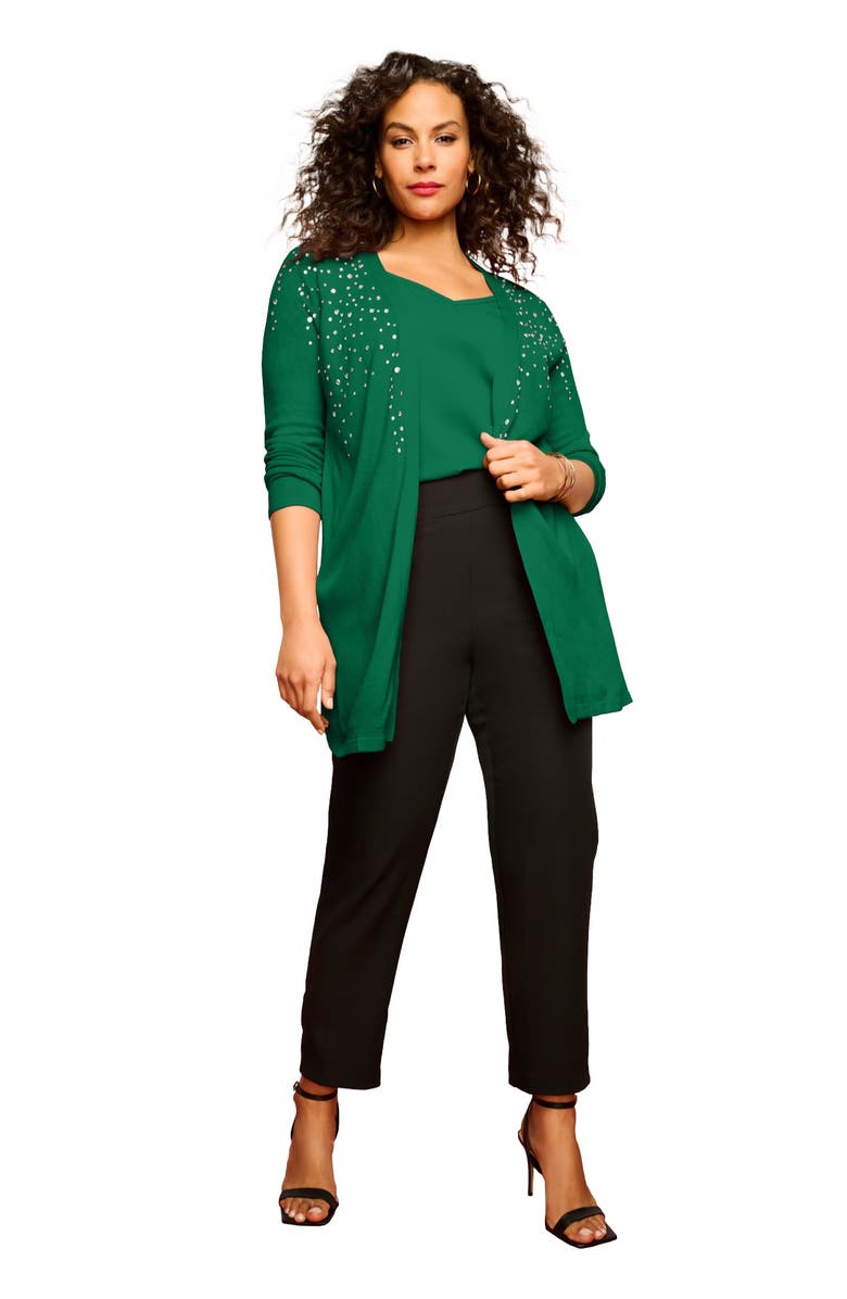 Roaman's Embellished Cardigan, Main, color, Emerald Rhinestone Burst
