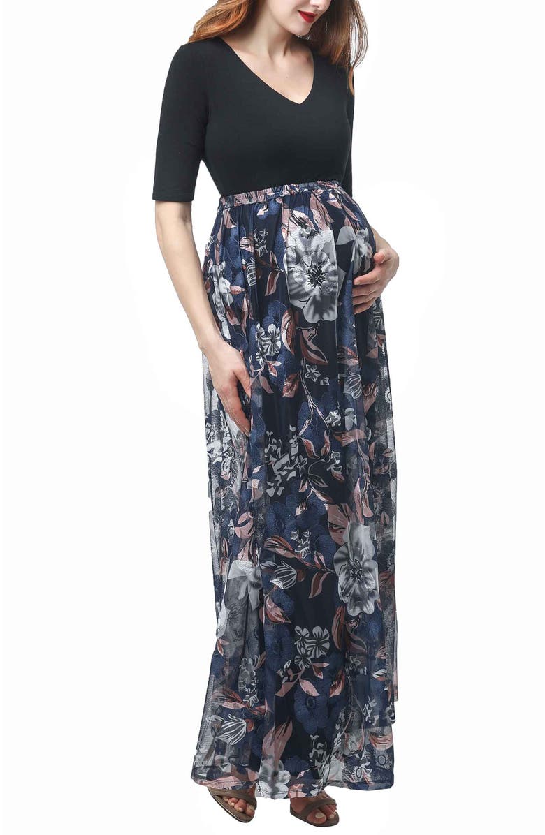 Kimi & Kai Annabelle V-Neck Mesh Print Maternity Maxi Dress, Alternate, color, Multicolored