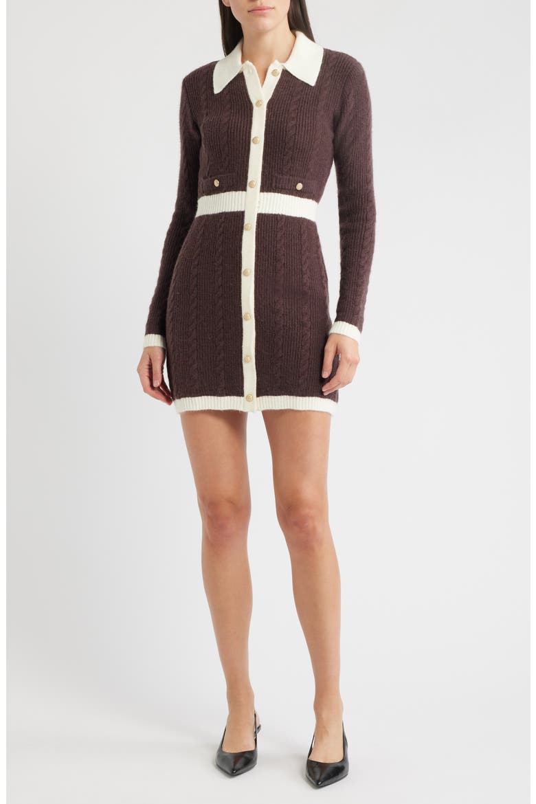 Long Sleeve Cable Stitch Sweater Dress, Main, color, BROWN/ IVORY