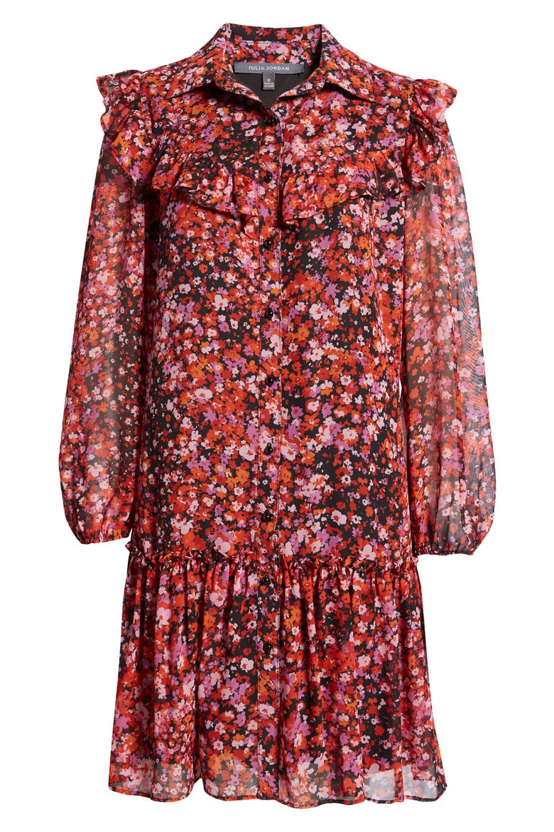 Floral Print Ruffle Long Sleeve Shirtdress, Alternate, color, BLACK MULTI