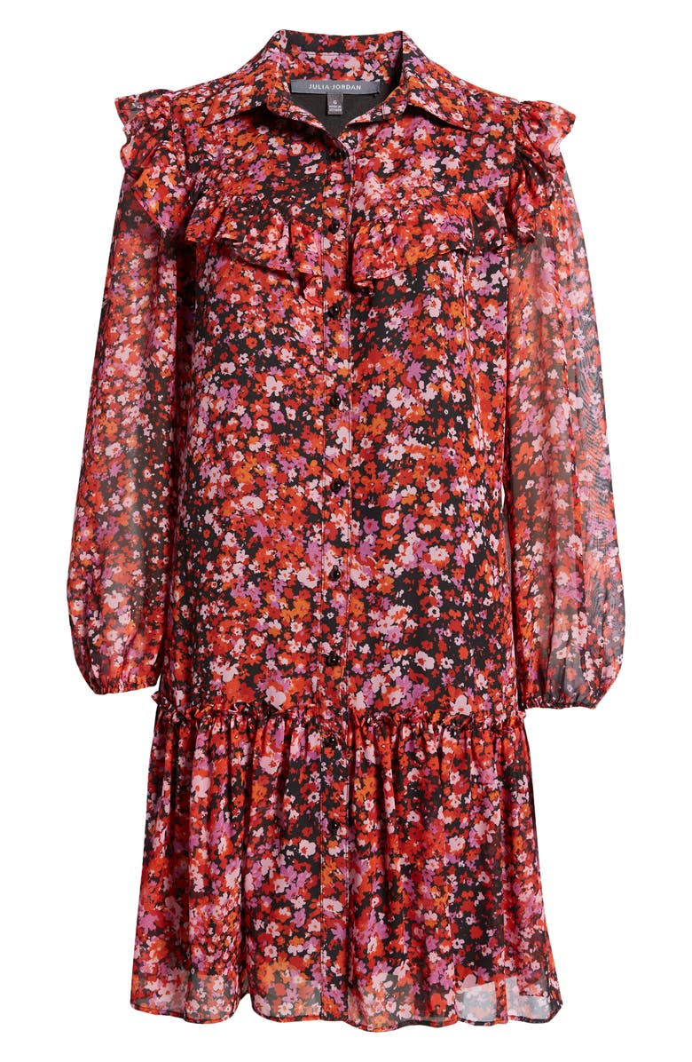 Julia Jordan Floral Print Ruffle Long Sleeve Shirtdress, Alternate, color, Black Multi