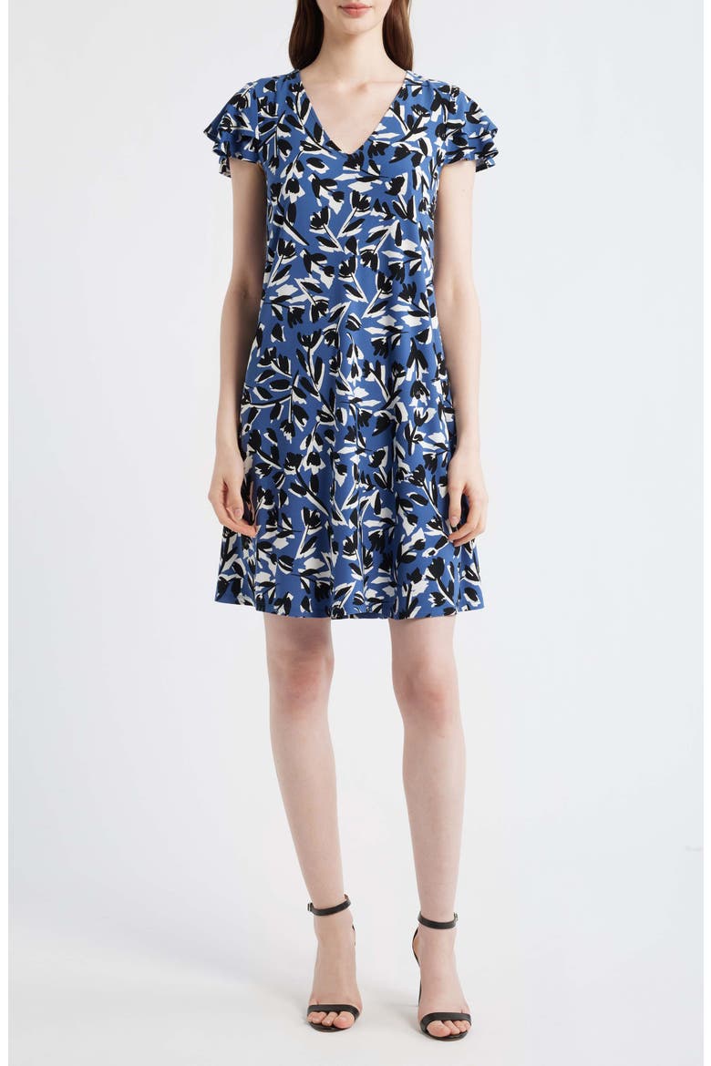 Abstract Floral Print V-Neck Swing Dress, Main, color, BLUE JAY MULTI