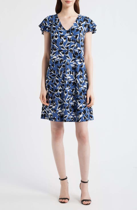 Abstract Floral Print V-Neck Swing Dress (Petite)