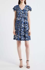 AK ANNE KLEIN Abstract Floral Print V-Neck Swing Dress