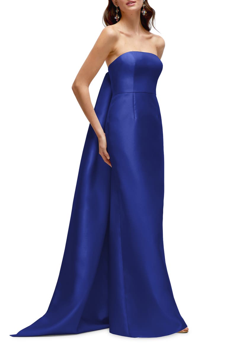 Strapless Satin Twill Column Gown with Removable Train, Alternate, color, COBALT BLUE