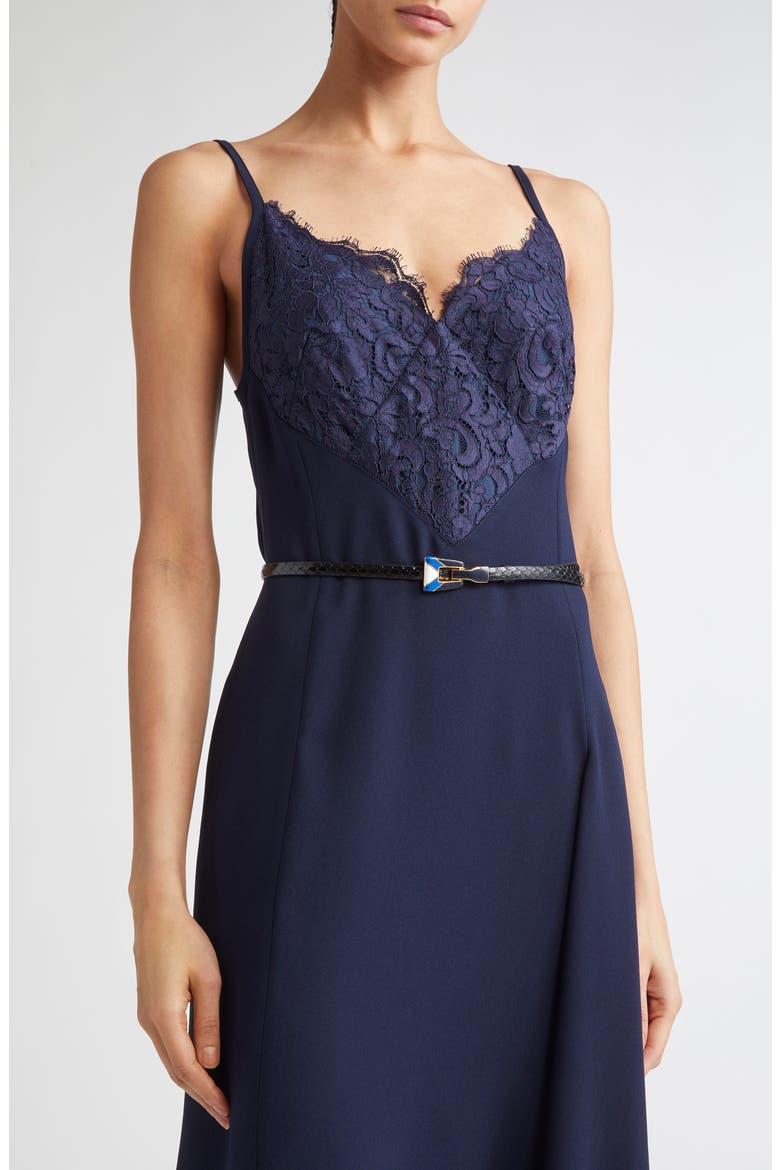 Lace Trim Asymmetric Satin Back Crepe Dress, Alternate, color, MIDNIGHT