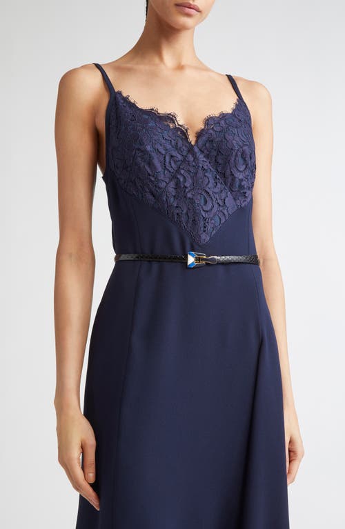 St John St. John Collection Lace Trim Asymmetric Satin Back Crepe Dress In Blue